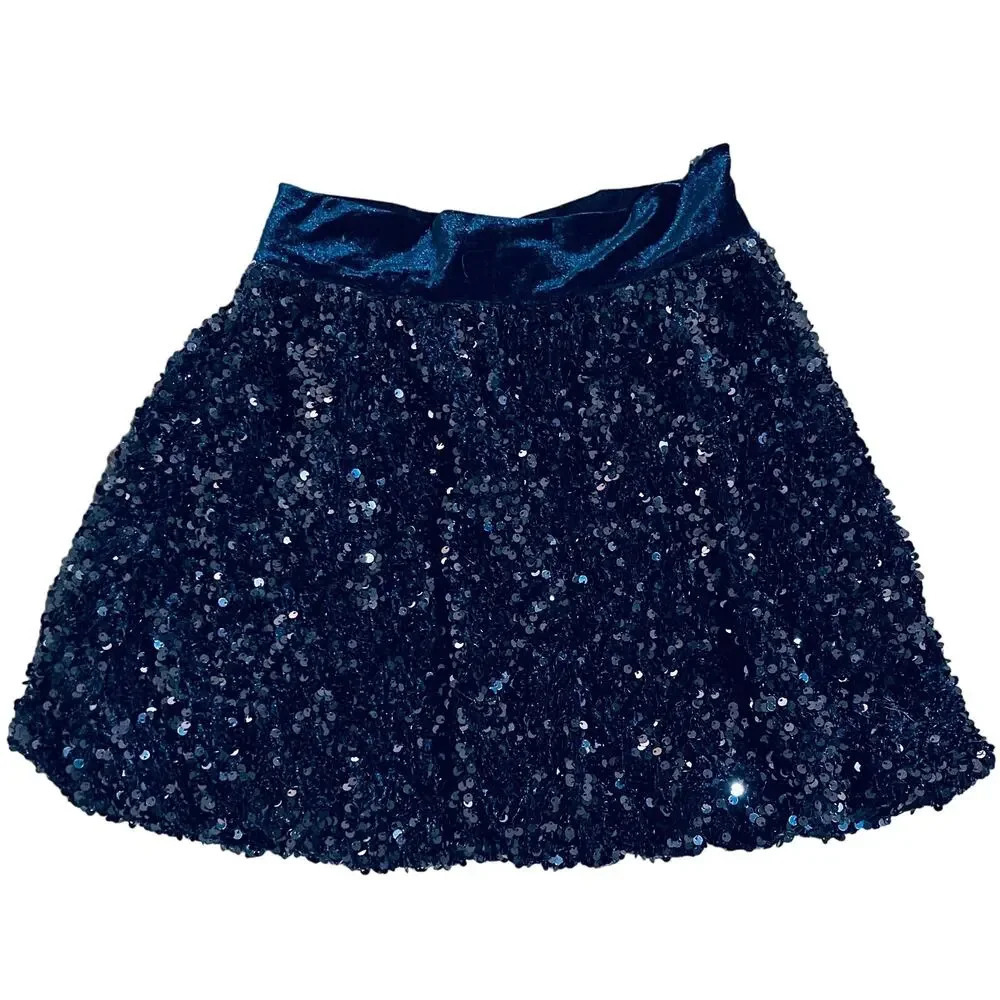 NWOT Zara Girl Dark Blue Sequin Velour Skirt Size 13/14 Velvet‎ Formal Holiday